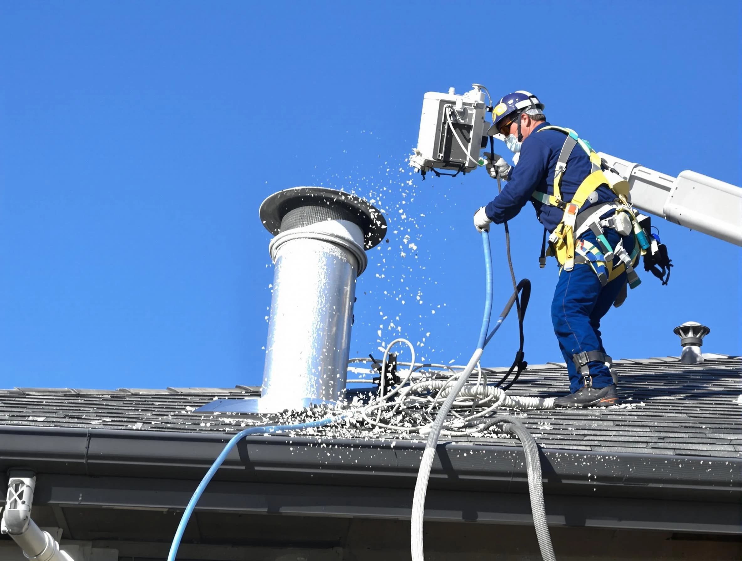 Ken Caryl Dryer Vent Cleaning certified technician safely cleaning a roof-mounted dryer vent in Ken Caryl